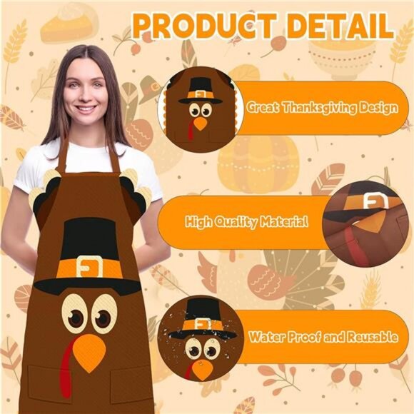 Happy Thanksgiving‎ Aprons with Pockets, Waterproof Fall Kids' Turkey Aprons for - Picture 3 of 8